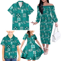 Vintage Hawaiian Quilting Patterns Family Matching Off The Shoulder Long Sleeve Dress and Hawaiian Shirt Turquoise Style Tribal Fabric Patchwork LT9 - Polynesian Pride