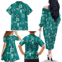 Vintage Hawaiian Quilting Patterns Family Matching Off The Shoulder Long Sleeve Dress and Hawaiian Shirt Turquoise Style Tribal Fabric Patchwork LT9 - Polynesian Pride