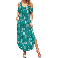 Vintage Hawaiian Quilting Patterns Family Matching Summer Maxi Dress and Hawaiian Shirt Turquoise Style Tribal Fabric Patchwork - Polynesian Pride