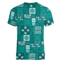 Vintage Hawaiian Quilting Patterns Women V-Neck T-Shirt Turquoise Style Tribal Fabric Patchwork - Polynesian Pride