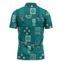 Vintage Hawaiian Quilting Patterns Zipper Polo Shirt Turquoise Style Tribal Fabric Patchwork - Polynesian Pride