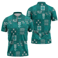 Vintage Hawaiian Quilting Patterns Zipper Polo Shirt Turquoise Style Tribal Fabric Patchwork - Polynesian Pride