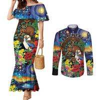 Kiwi-Kookaburra Bird ANZAC Personalised Couples Matching Mermaid Dress and Long Sleeve Button Shirt Aussie Golden Wattle Poppy Flowers LT9 Blue - Polynesian Pride