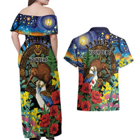 Kiwi-Kookaburra Bird ANZAC Personalised Couples Matching Off Shoulder Maxi Dress and Hawaiian Shirt Aussie Golden Wattle Poppy Flowers LT9 - Polynesian Pride