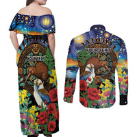 Kiwi-Kookaburra Bird ANZAC Personalised Couples Matching Off Shoulder Maxi Dress and Long Sleeve Button Shirt Aussie Golden Wattle Poppy Flowers LT9 - Polynesian Pride