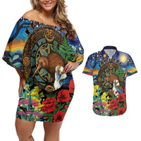 Kiwi-Kookaburra Bird ANZAC Personalised Couples Matching Off Shoulder Short Dress and Hawaiian Shirt Aussie Golden Wattle Poppy Flowers LT9 Blue - Polynesian Pride