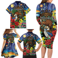 Kiwi-Kookaburra Bird ANZAC Personalised Family Matching Long Sleeve Bodycon Dress and Hawaiian Shirt Aussie Golden Wattle Poppy Flowers LT9 - Polynesian Pride