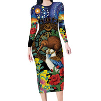 Kiwi-Kookaburra Bird ANZAC Personalised Family Matching Long Sleeve Bodycon Dress and Hawaiian Shirt Aussie Golden Wattle Poppy Flowers LT9 Mom's Dress Blue - Polynesian Pride