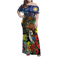 Kiwi-Kookaburra Bird ANZAC Personalised Family Matching Off Shoulder Maxi Dress and Hawaiian Shirt Aussie Golden Wattle Poppy Flowers LT9 Mom's Dress Blue - Polynesian Pride