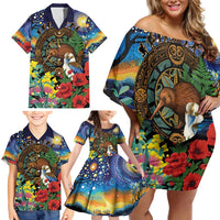 Kiwi-Kookaburra Bird ANZAC Personalised Family Matching Off Shoulder Short Dress and Hawaiian Shirt Aussie Golden Wattle Poppy Flowers LT9 - Polynesian Pride