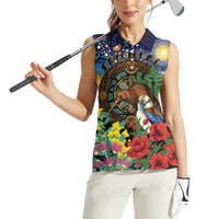 Kiwi-Kookaburra Bird ANZAC Personalised Women Sleeveless Polo Shirt Aussie Golden Wattle Poppy Flowers LT9 - Polynesian Pride