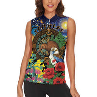 Kiwi-Kookaburra Bird ANZAC Personalised Women Sleeveless Polo Shirt Aussie Golden Wattle Poppy Flowers LT9 - Polynesian Pride