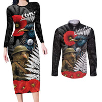 Kiwi-Tui Bird Soldier ANZAC Day Personalised Couples Matching Long Sleeve Bodycon Dress and Long Sleeve Button Shirt Maori Silver Fern Motif LT9 Black - Polynesian Pride