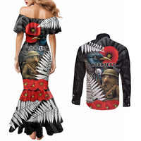 Kiwi-Tui Bird Soldier ANZAC Day Personalised Couples Matching Mermaid Dress and Long Sleeve Button Shirt Maori Silver Fern Motif LT9 - Polynesian Pride