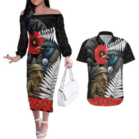 Kiwi-Tui Bird Soldier ANZAC Day Personalised Couples Matching Off The Shoulder Long Sleeve Dress and Hawaiian Shirt Maori Silver Fern Motif LT9 Black - Polynesian Pride