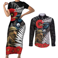 Kiwi-Tui Bird Soldier ANZAC Day Personalised Couples Matching Short Sleeve Bodycon Dress and Long Sleeve Button Shirt Maori Silver Fern Motif LT9 Black - Polynesian Pride