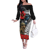 Kiwi-Tui Bird Soldier ANZAC Day Personalised Family Matching Off The Shoulder Long Sleeve Dress and Hawaiian Shirt Maori Silver Fern Motif LT9 Mom's Dress Black - Polynesian Pride