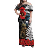 Kiwi-Tui Bird Soldier ANZAC Day Personalised Family Matching Off Shoulder Maxi Dress and Hawaiian Shirt Maori Silver Fern Motif LT9 Mom's Dress Black - Polynesian Pride