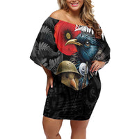 Kiwi-Tui Bird Soldier ANZAC Day Personalised Family Matching Off Shoulder Short Dress and Hawaiian Shirt Maori Silver Fern Motif LT9 Mom's Dress Black - Polynesian Pride