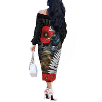 Kiwi-Tui Bird Soldier ANZAC Day Personalised Off The Shoulder Long Sleeve Dress Maori Silver Fern Motif LT9 - Polynesian Pride