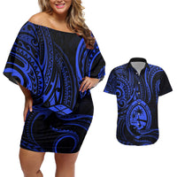 Polynesian Guam Coat of Arms Couples Matching Off Shoulder Short Dress and Hawaiian Shirt Polynesian Tribal Tattoo Blue Version LT9 Blue - Polynesian Pride