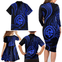 Polynesian Guam Coat of Arms Family Matching Long Sleeve Bodycon Dress and Hawaiian Shirt Polynesian Tribal Tattoo Blue Version LT9 - Polynesian Pride