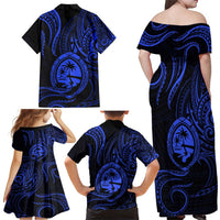 Polynesian Guam Coat of Arms Family Matching Off Shoulder Maxi Dress and Hawaiian Shirt Polynesian Tribal Tattoo Blue Version LT9 - Polynesian Pride