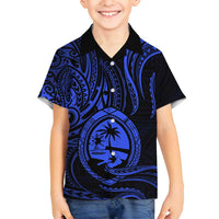 Polynesian Guam Coat of Arms Family Matching Off Shoulder Maxi Dress and Hawaiian Shirt Polynesian Tribal Tattoo Blue Version LT9 Son's Shirt Blue - Polynesian Pride