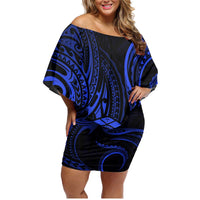 Polynesian Guam Coat of Arms Family Matching Off Shoulder Short Dress and Hawaiian Shirt Polynesian Tribal Tattoo Blue Version LT9 Mom's Dress Blue - Polynesian Pride