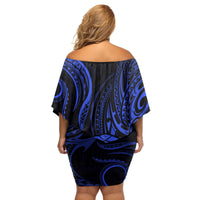 Polynesian Guam Coat of Arms Family Matching Off Shoulder Short Dress and Hawaiian Shirt Polynesian Tribal Tattoo Blue Version LT9 - Polynesian Pride