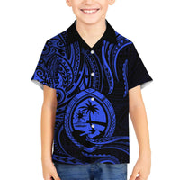 Polynesian Guam Coat of Arms Family Matching Off Shoulder Short Dress and Hawaiian Shirt Polynesian Tribal Tattoo Blue Version LT9 Son's Shirt Blue - Polynesian Pride