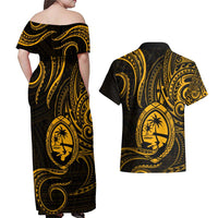 Polynesian Guam Coat of Arms Couples Matching Off Shoulder Maxi Dress and Hawaiian Shirt Polynesian Tribal Tattoo Gold Version LT9 - Polynesian Pride