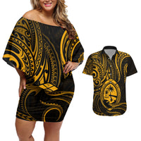 Polynesian Guam Coat of Arms Couples Matching Off Shoulder Short Dress and Hawaiian Shirt Polynesian Tribal Tattoo Gold Version LT9 Gold - Polynesian Pride