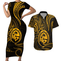 Polynesian Guam Coat of Arms Couples Matching Short Sleeve Bodycon Dress and Hawaiian Shirt Polynesian Tribal Tattoo Gold Version LT9 Gold - Polynesian Pride