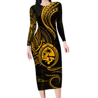 Polynesian Guam Coat of Arms Family Matching Long Sleeve Bodycon Dress and Hawaiian Shirt Polynesian Tribal Tattoo Gold Version LT9 Mom's Dress Gold - Polynesian Pride