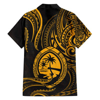 Polynesian Guam Coat of Arms Family Matching Off The Shoulder Long Sleeve Dress and Hawaiian Shirt Polynesian Tribal Tattoo Gold Version LT9 - Polynesian Pride