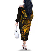 Polynesian Guam Coat of Arms Family Matching Off The Shoulder Long Sleeve Dress and Hawaiian Shirt Polynesian Tribal Tattoo Gold Version LT9 - Polynesian Pride