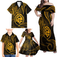 Polynesian Guam Coat of Arms Family Matching Off Shoulder Maxi Dress and Hawaiian Shirt Polynesian Tribal Tattoo Gold Version LT9 - Polynesian Pride