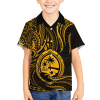 Polynesian Guam Coat of Arms Family Matching Off Shoulder Maxi Dress and Hawaiian Shirt Polynesian Tribal Tattoo Gold Version LT9 Son's Shirt Gold - Polynesian Pride
