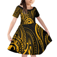 Polynesian Guam Coat of Arms Family Matching Off Shoulder Short Dress and Hawaiian Shirt Polynesian Tribal Tattoo Gold Version LT9 Daughter's Dress Gold - Polynesian Pride