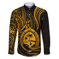 Polynesian Guam Coat of Arms Family Matching Puletasi and Hawaiian Shirt Polynesian Tribal Tattoo Gold Version LT9 Dad's Shirt - Long Sleeve Gold - Polynesian Pride