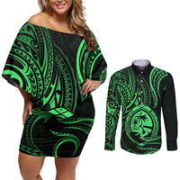 Polynesian Guam Coat of Arms Couples Matching Off Shoulder Short Dress and Long Sleeve Button Shirt Polynesian Tribal Tattoo Green Version LT9 Green - Polynesian Pride