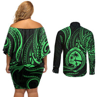 Polynesian Guam Coat of Arms Couples Matching Off Shoulder Short Dress and Long Sleeve Button Shirt Polynesian Tribal Tattoo Green Version LT9 - Polynesian Pride