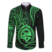Polynesian Guam Coat of Arms Family Matching Long Sleeve Bodycon Dress and Hawaiian Shirt Polynesian Tribal Tattoo Green Version LT9 Dad's Shirt - Long Sleeve Green - Polynesian Pride