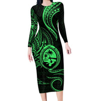 Polynesian Guam Coat of Arms Family Matching Long Sleeve Bodycon Dress and Hawaiian Shirt Polynesian Tribal Tattoo Green Version LT9 Mom's Dress Green - Polynesian Pride