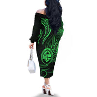 Polynesian Guam Coat of Arms Family Matching Off The Shoulder Long Sleeve Dress and Hawaiian Shirt Polynesian Tribal Tattoo Green Version LT9 - Polynesian Pride