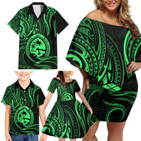 Polynesian Guam Coat of Arms Family Matching Off Shoulder Short Dress and Hawaiian Shirt Polynesian Tribal Tattoo Green Version LT9 - Polynesian Pride