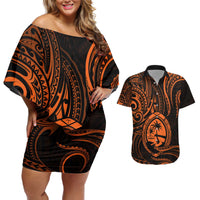 Polynesian Guam Coat of Arms Couples Matching Off Shoulder Short Dress and Hawaiian Shirt Polynesian Tribal Tattoo Orange Version LT9 Orange - Polynesian Pride