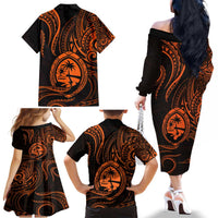 Polynesian Guam Coat of Arms Family Matching Off The Shoulder Long Sleeve Dress and Hawaiian Shirt Polynesian Tribal Tattoo Orange Version LT9 - Polynesian Pride