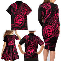 Polynesian Guam Coat of Arms Family Matching Long Sleeve Bodycon Dress and Hawaiian Shirt Polynesian Tribal Tattoo Pink Version LT9 - Polynesian Pride